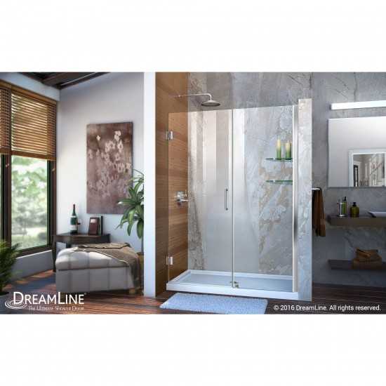 Unidoor 50-51 in. W x 72 in. H Frameless Hinged Shower Door with Shelves in Chrome