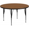 42'' Round Oak Thermal Laminate Activity Table - Height Adjustable Short Legs