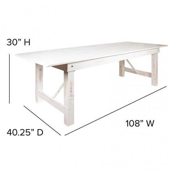 9' x 40" Rectangular Antique Rustic White Solid Pine Folding Farm Table