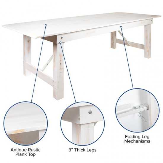 7' x 40" Rectangular Antique Rustic White Solid Pine Folding Farm Table