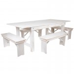 7' x 40" Antique Rustic White Folding Farm Table and Four Bench Set