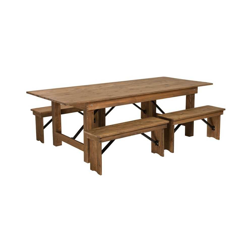 8' x 40'' Antique Rustic Folding Farm Table and Four 40.25"L Bench Set 8' x 40'' Antique Rustic Folding Farm Table and Four 40.25"L Bench Set