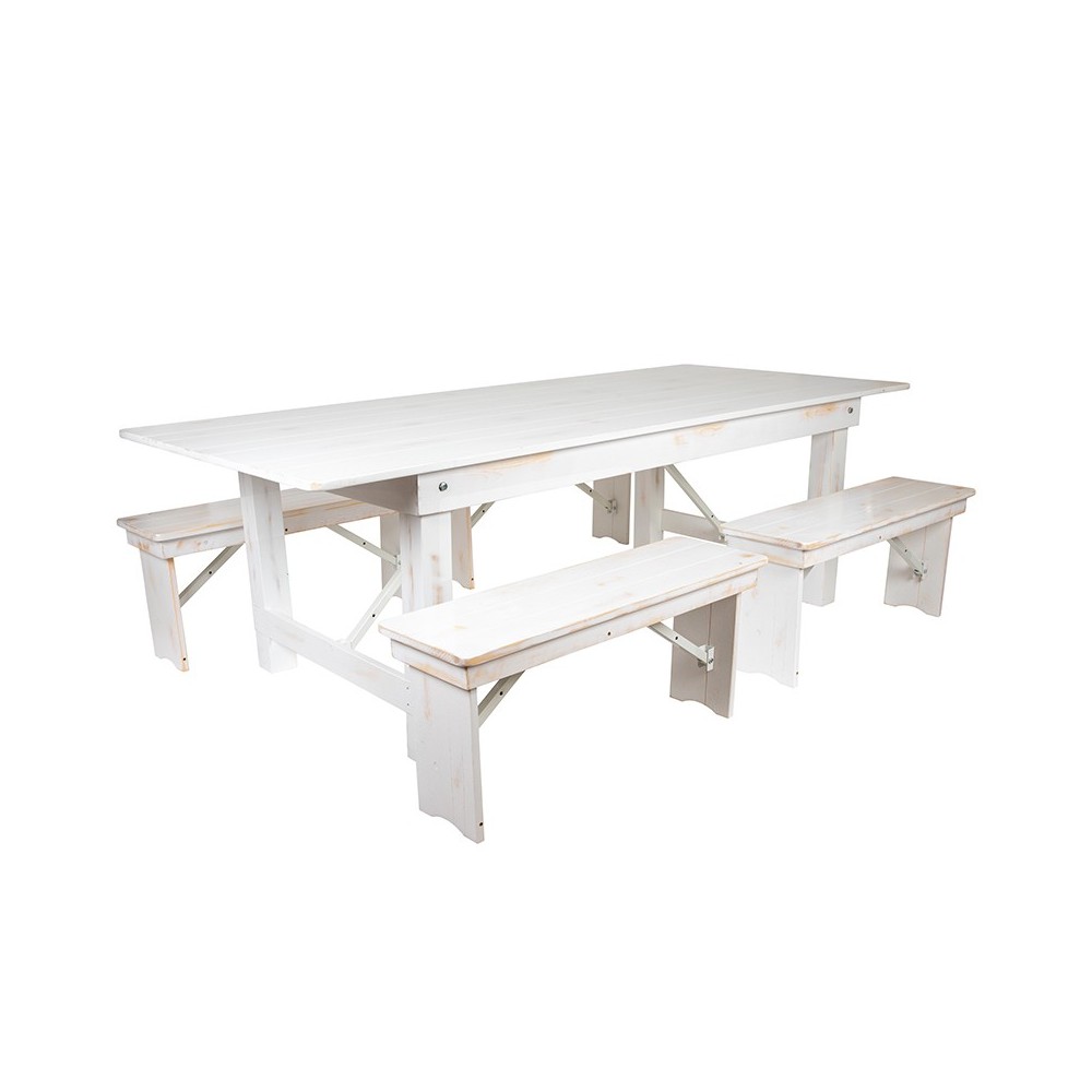 8' x 40" Antique Rustic White Folding Farm Table and Four 40.25"L Bench Set 8' x 40" Antique Rustic White Folding Farm Table and Four 40.25"L Bench Set