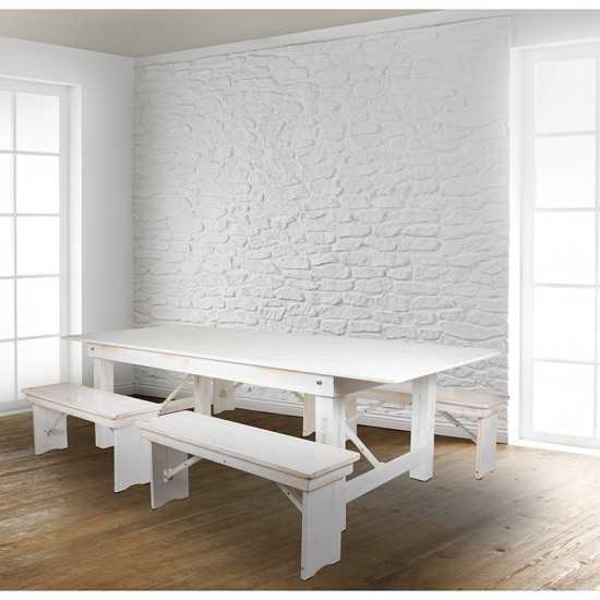 8' x 40" Antique Rustic White Folding Farm Table and Four 40.25"L Bench Set