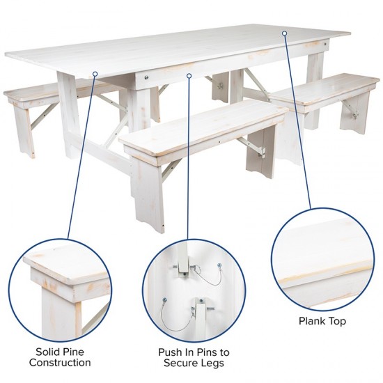 8' x 40" Antique Rustic White Folding Farm Table and Four 40.25"L Bench Set