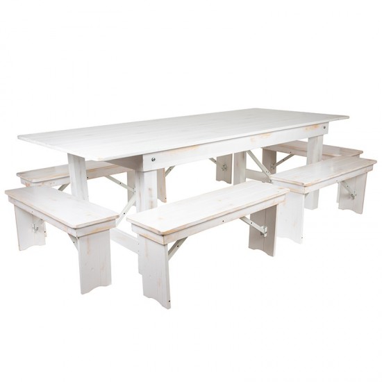 8' x 40" Antique Rustic White Folding Farm Table and Six Bench Set