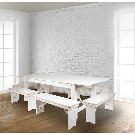 8' x 40" Antique Rustic White Folding Farm Table and Six Bench Set