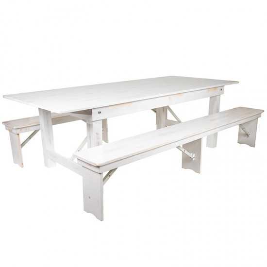 8' x 40" Antique Rustic White Folding Farm Table and Two Bench Set