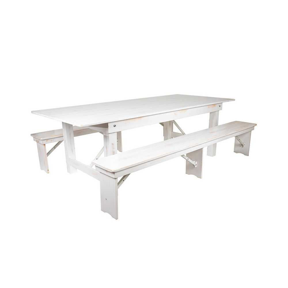 8' x 40" Antique Rustic White Folding Farm Table and Two Bench Set 8' x 40" Antique Rustic White Folding Farm Table and Two Bench Set