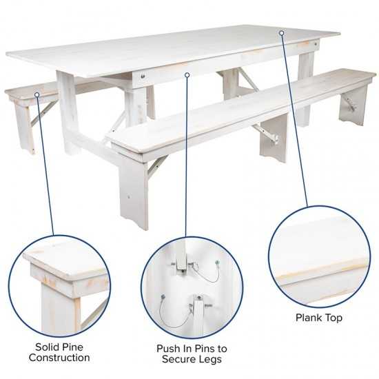 8' x 40" Antique Rustic White Folding Farm Table and Two Bench Set