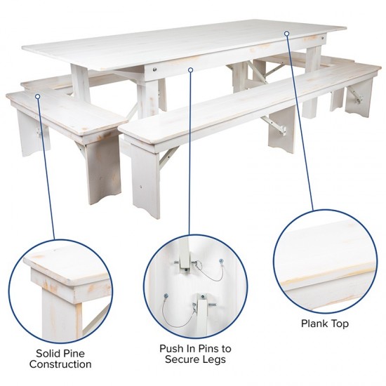 8' x 40" Antique Rustic White Folding Farm Table and Four Bench Set