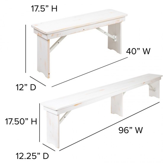 8' x 40" Antique Rustic White Folding Farm Table and Four Bench Set