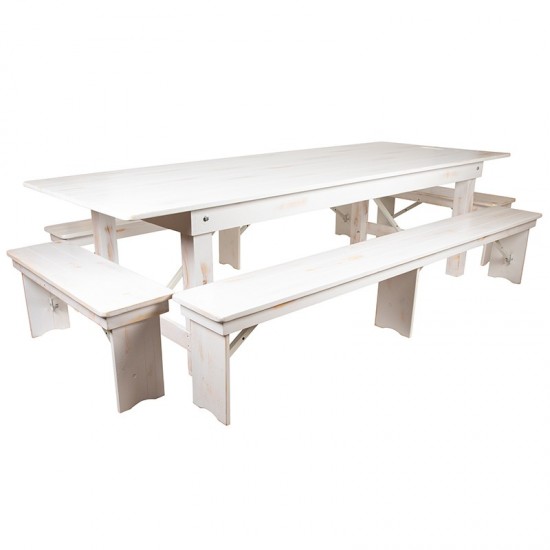 9' x 40" Antique Rustic White Folding Farm Table and Four Bench Set