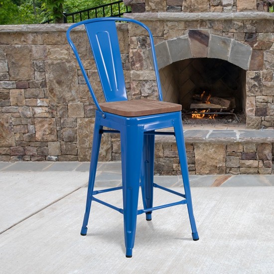 24" High Blue Metal Counter Height Stool with Back and Wood Seat