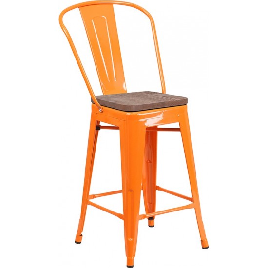 24" High Orange Metal Counter Height Stool with Back and Wood Seat