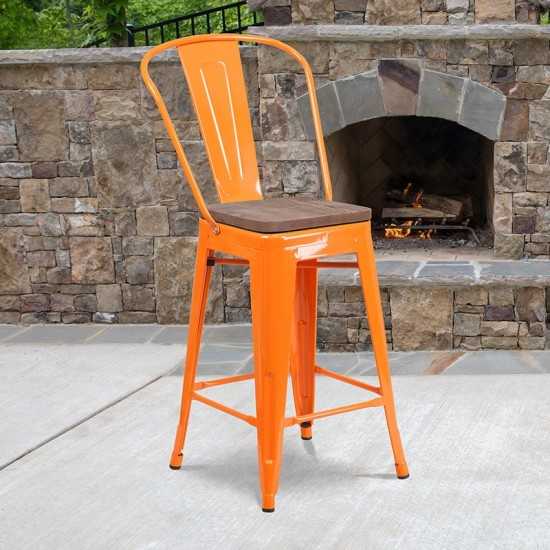 24" High Orange Metal Counter Height Stool with Back and Wood Seat