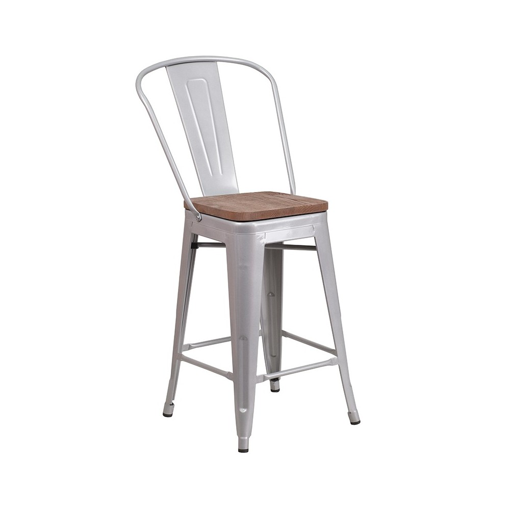 24" High Silver Metal Counter Height Stool with Back and Wood Seat 24" High Silver Metal Counter Height Stool with Back and Wood Seat