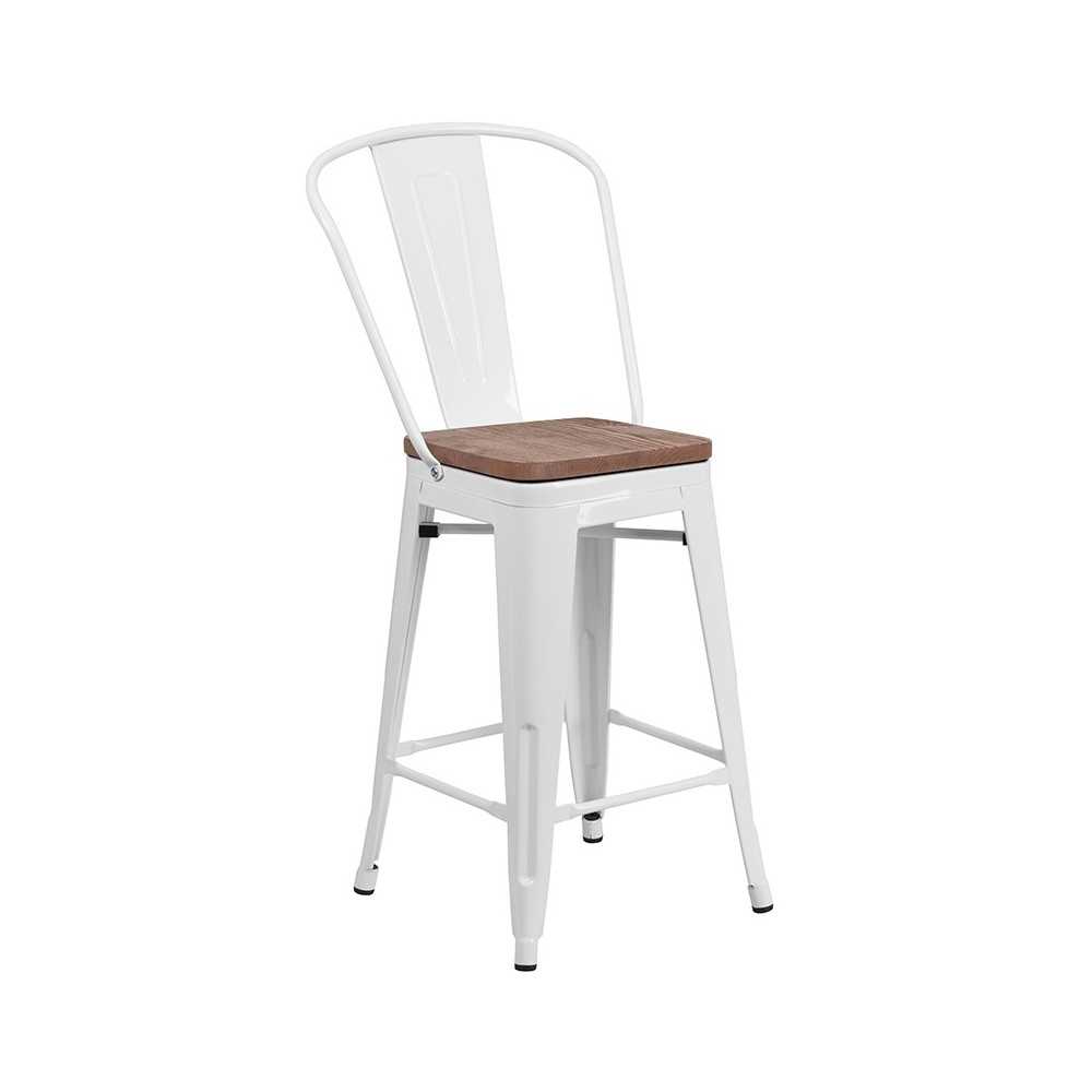 24" High White Metal Counter Height Stool with Back and Wood Seat