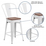 24" High White Metal Counter Height Stool with Back and Wood Seat