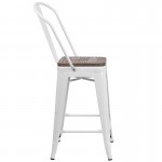 24" High White Metal Counter Height Stool with Back and Wood Seat