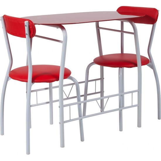 Sutton 3 Piece Space-Saver Bistro Set with Red Glass Top Table and Red Vinyl Padded Chairs