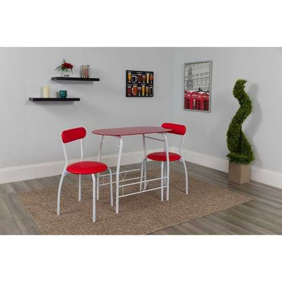 Sutton 3 Piece Space-Saver Bistro Set with Red Glass Top Table and Red Vinyl Padded Chairs