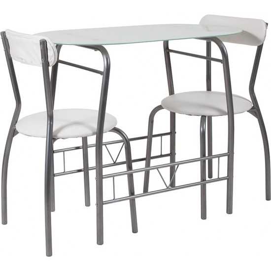 Sutton 3 Piece Space-Saver Bistro Set with White Glass Top Table and White Vinyl Padded Chairs