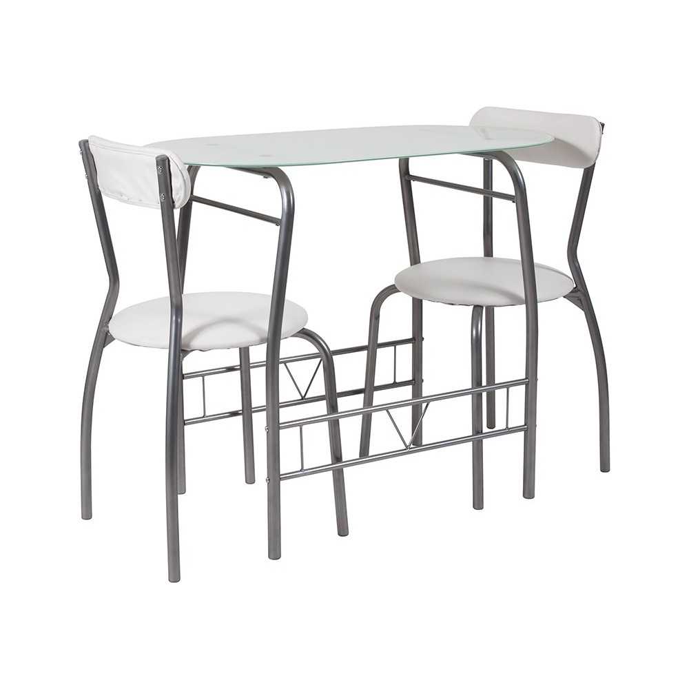 Sutton 3 Piece Space-Saver Bistro Set with White Glass Top Table and White Vinyl Padded Chairs