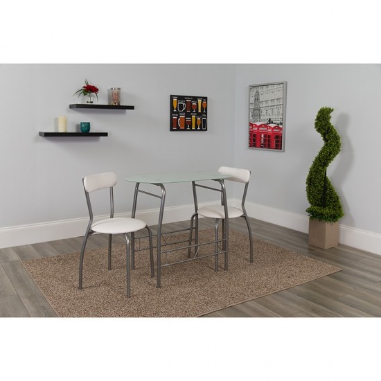 Sutton 3 Piece Space-Saver Bistro Set with White Glass Top Table and White Vinyl Padded Chairs