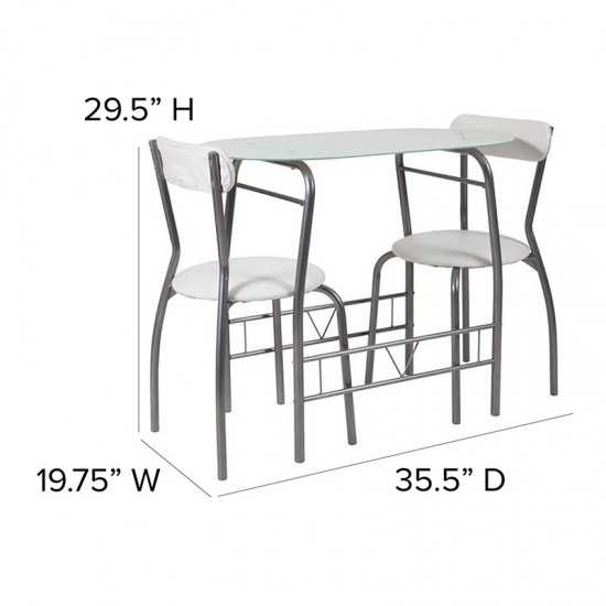 Sutton 3 Piece Space-Saver Bistro Set with White Glass Top Table and White Vinyl Padded Chairs