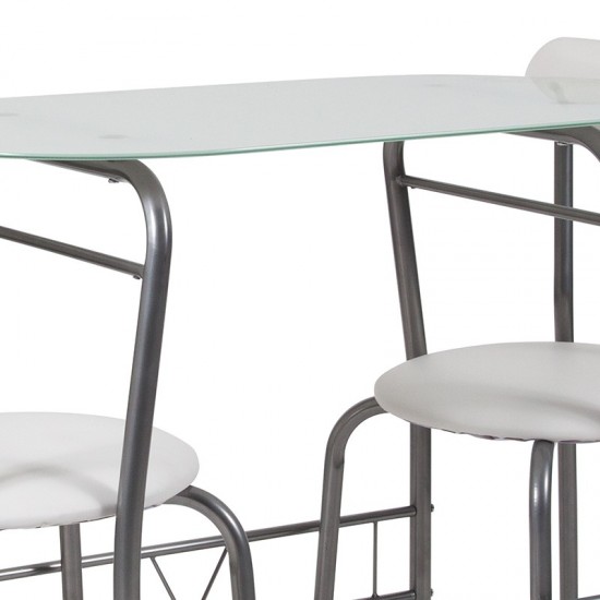 Sutton 3 Piece Space-Saver Bistro Set with White Glass Top Table and White Vinyl Padded Chairs