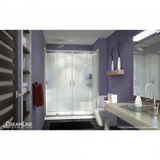 Visions 34 in. D x 60 in. W x 76 3/4 in. H Sliding Shower Door in Brushed Nickel with Left Drain White Base, Backwalls