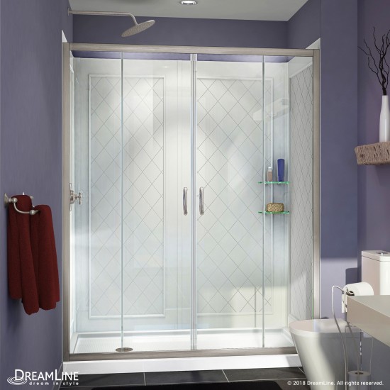 Visions 36 in. D x 60 in. W x 76 3/4 in. H Sliding Shower Door in Brushed Nickel with Left Drain White Base, Backwalls