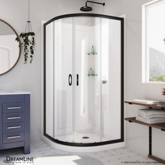 Prime 38 in. x 76 3/4 in. Semi-Frameless Clear Glass Sliding Shower Enclosure in Satin Black with Base and Backwalls