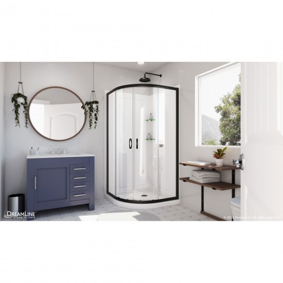 Prime 38 in. x 76 3/4 in. Semi-Frameless Clear Glass Sliding Shower Enclosure in Satin Black with Base and Backwalls