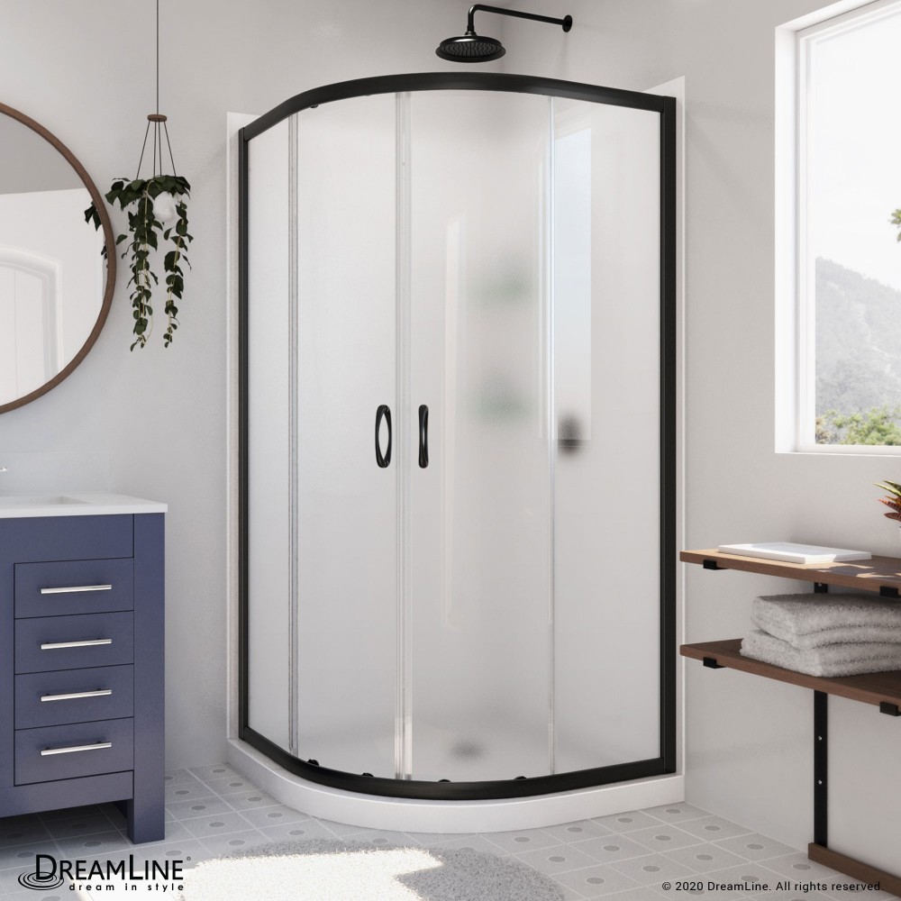 Prime 38 in. x 76 3/4 in. Semi-Frameless Frosted Glass Sliding Shower Enclosure in Satin Black with Base and Backwall