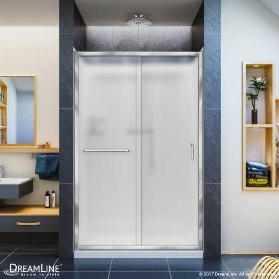 Infinity-Z 36 in. D x 48 in. W x 76 3/4 in. H Frosted Sliding Shower Door in Chrome, Center Drain White Base, Backwalls