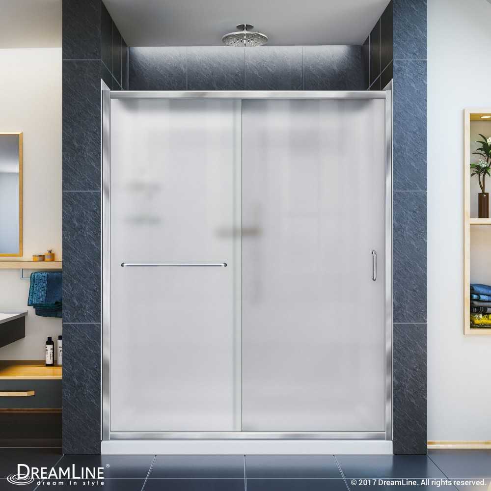 Infinity-Z 30 in. D x 60 in. W x 76 3/4 in. H Frosted Sliding Shower Door in Chrome, Center Drain Base and Backwalls