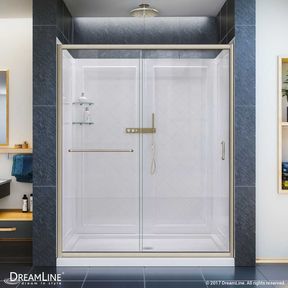 Infinity-Z 30 in. D x 60 in. W x 76 3/4 in. H Clear Sliding Shower Door in Brushed Nickel, Center Drain and Backwalls