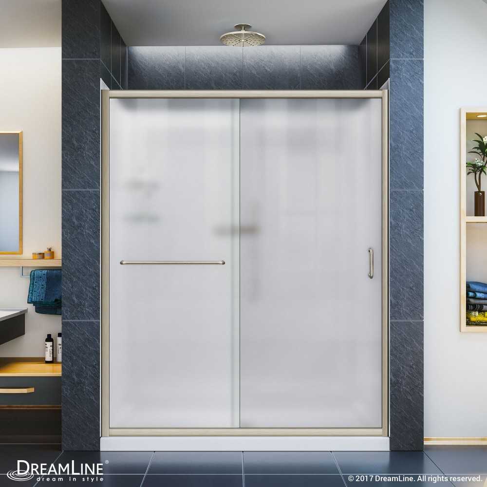 Infinity-Z 30 in. D x 60 in. W x 76 3/4 in. H Frosted Sliding Shower Door in Brushed Nickel, Center Drain Base, Backwall