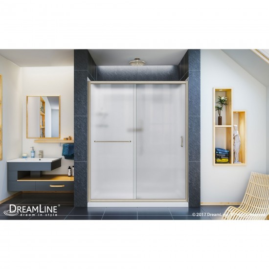 Infinity-Z 30 in. D x 60 in. W x 76 3/4 in. H Frosted Sliding Shower Door in Brushed Nickel, Left Drain Base, Backwalls