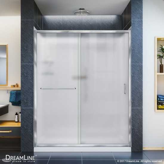 Infinity-Z 30 in. D x 60 in. W x 76 3/4 in. H Frosted Sliding Shower Door in Chrome, Right Drain Base and Backwalls