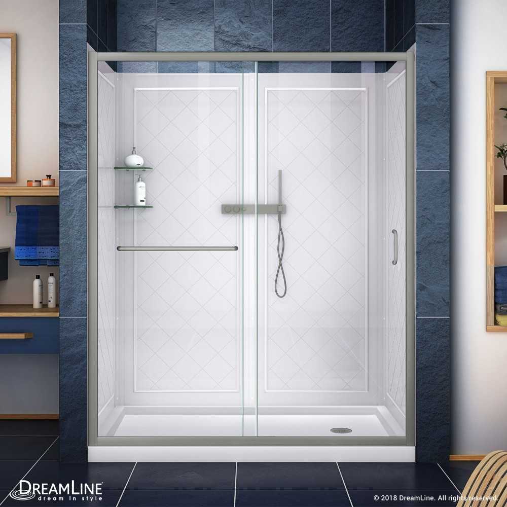 Infinity-Z 30 in. D x 60 in. W x 76 3/4 in. H Clear Sliding Shower Door in Brushed Nickel, Right Drain Base, Backwalls