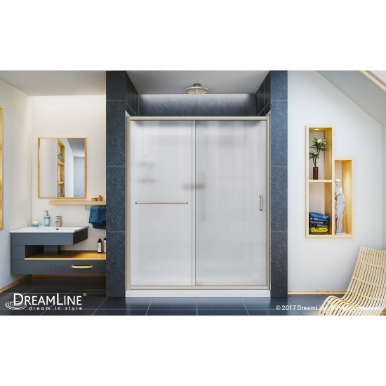 Infinity-Z 32 in. D x 60 in. W x 76 3/4 in. H Frosted Sliding Shower Door in Brushed Nickel, Center Drain Base, Backwall