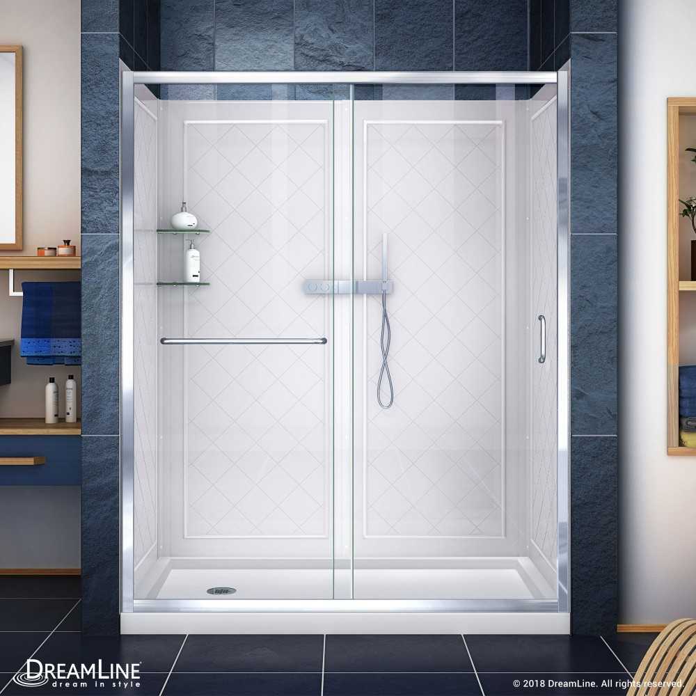 Infinity-Z 32 in. D x 60 in. W x 76 3/4 in. H Clear Sliding Shower Door in Chrome, Left Drain Base and Backwalls