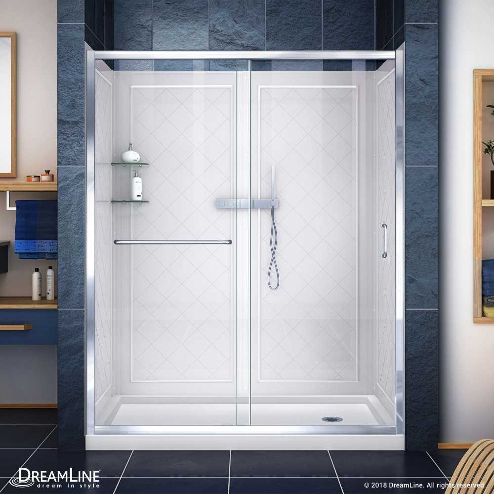 Infinity-Z 32 in. D x 60 in. W x 76 3/4 in. H Clear Sliding Shower Door in Chrome, Right Drain Base and Backwalls