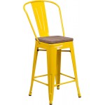 24" High Yellow Metal Counter Height Stool with Back and Wood Seat