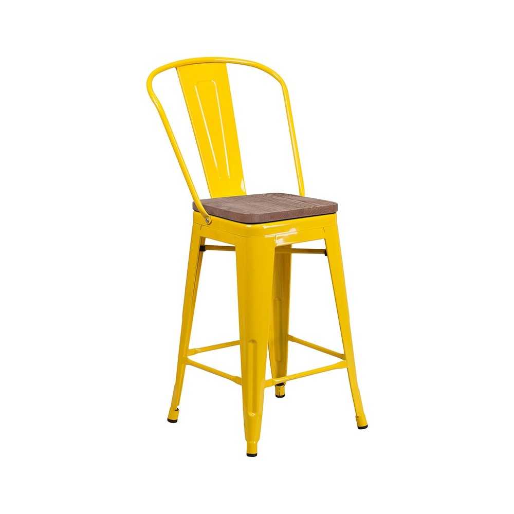 24" High Yellow Metal Counter Height Stool with Back and Wood Seat