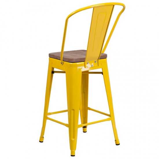 24" High Yellow Metal Counter Height Stool with Back and Wood Seat