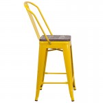 24" High Yellow Metal Counter Height Stool with Back and Wood Seat